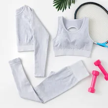 Conjunto de roupas de treino de yoga feminino, 3 peças, roupa atlética feminina, academia, calça legging, fitness, sutiã de manga comprida, top crop, roupa esportiva
