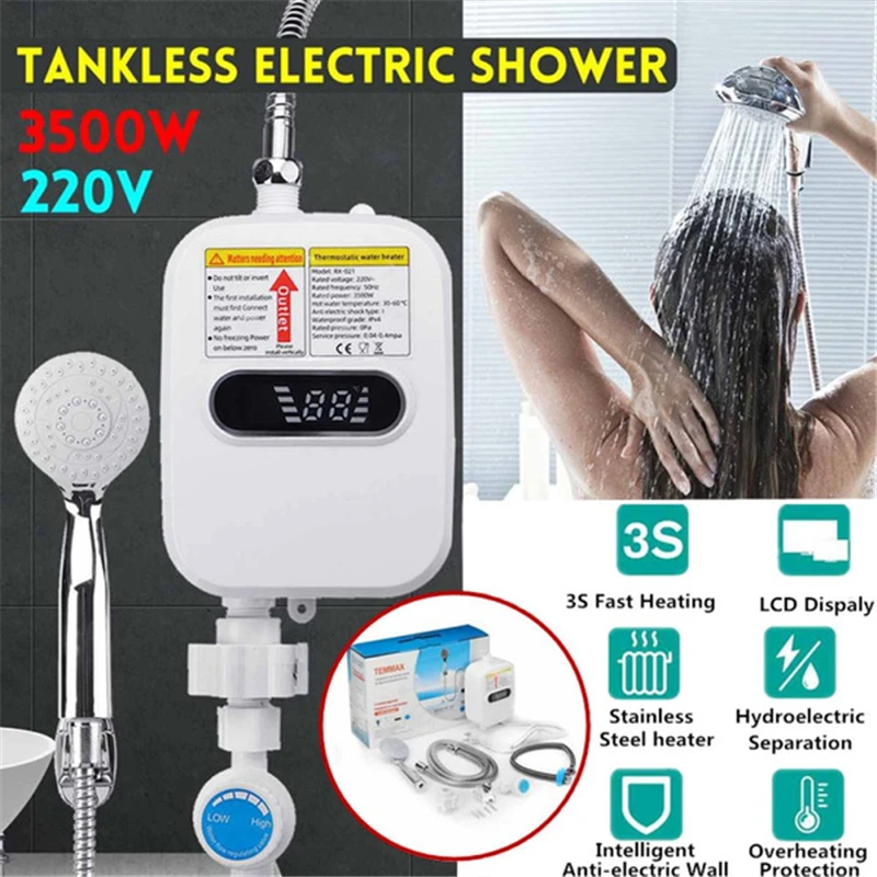 3500W 220V Water Heater Bathroom Kitchen Wall Mounted Instant Electric Hot  Water Heater Temperature LCD Display W/ Faucet Shower - AliExpress