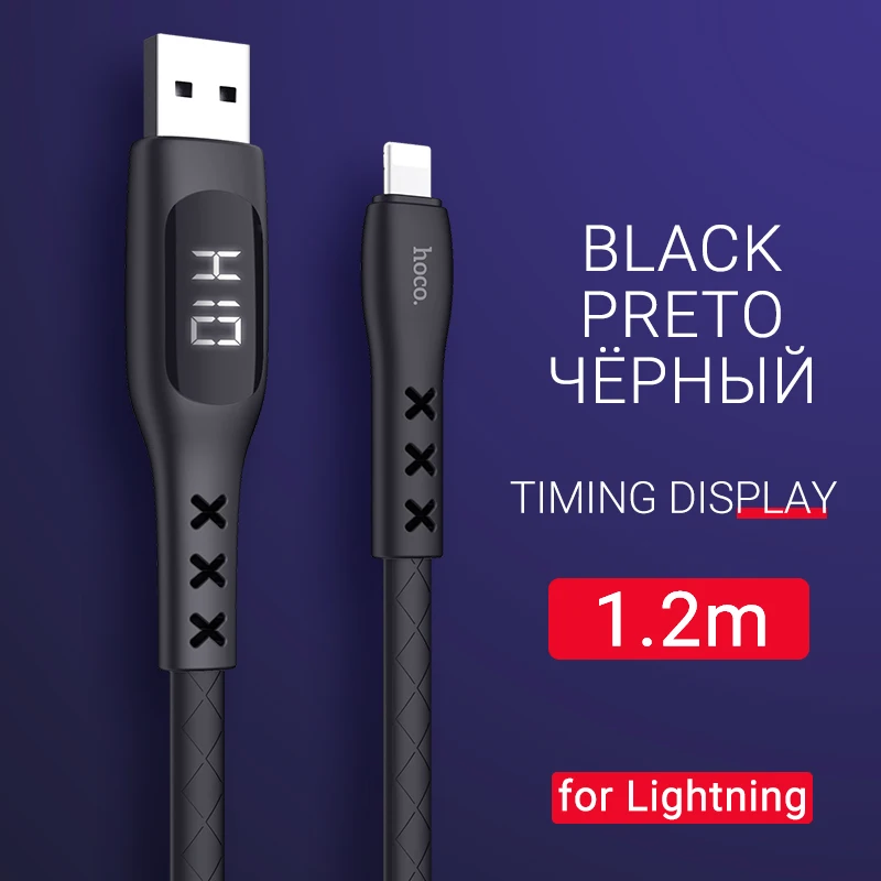 Black hoco usb зарядный кабель лайтнинг с таймером lightning передача данных таймер времени зарядки для iphone X XS XS Max XR 8 6 ipad 2 юсб провод зарядный шнурок для айфона айпада с дисплеем тока и напряжения зарядник - Цвет: Black
