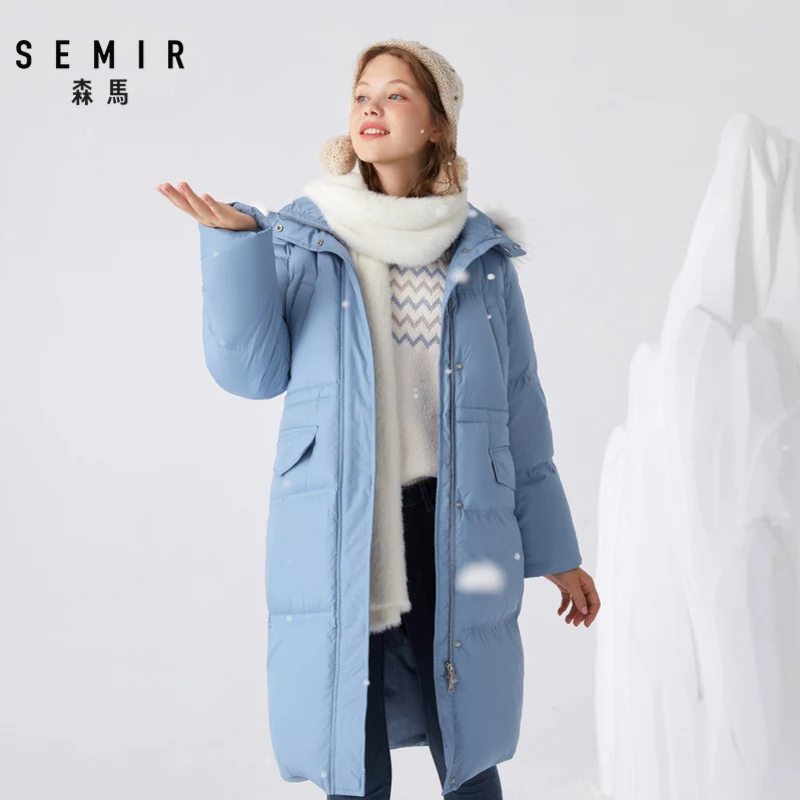 SEMIR, новинка, длинный пуховик, женский, свободный, с капюшоном, с меховым воротником, на талии, для молодых девушек, зимнее пальто, теплое