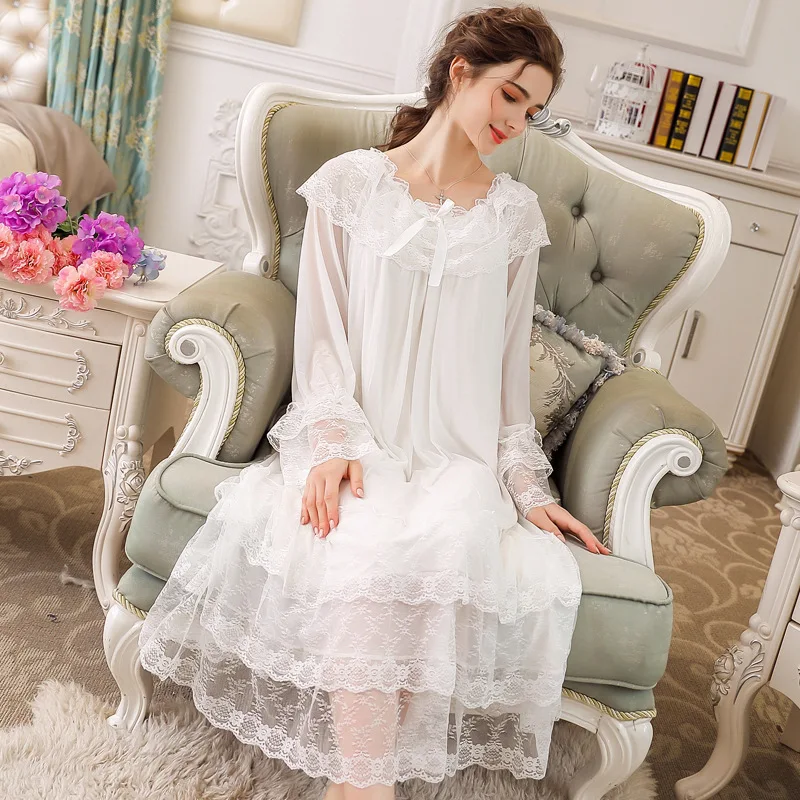 

2019 French Spring and Autumn Modal Mesh Long Sleeve Long Nightdress Plus Size Women Long Sleeve Nightdress Lace Nightdress