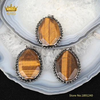 

5pcs Large Faceted Tiger Eye Slab Beads Gunmetal Pendant for Jewelry Making,Stones Key Accessories