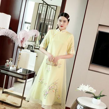 

Chinese Style Dress Women Spring Summer New Pink Yellow Elegant Stand Collar Loose A-Line Ladies Embroidery Dress S-XXL
