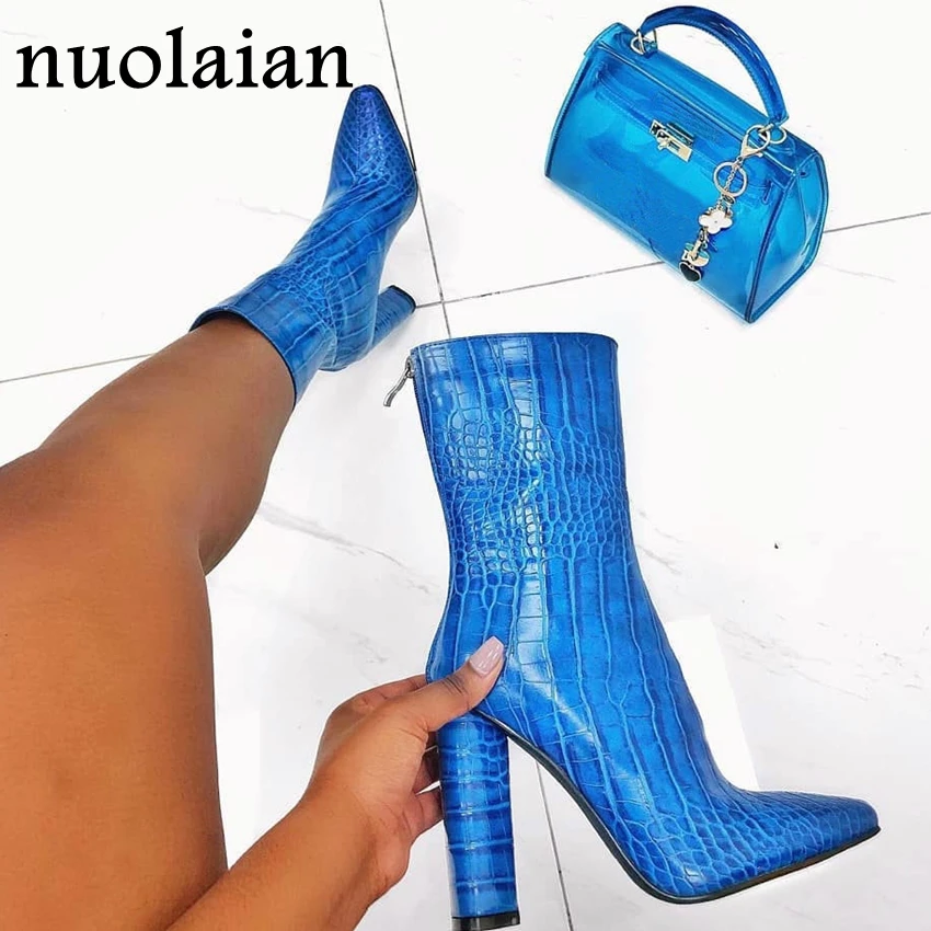 Женские синие ботинки из лакированной кожи женская обувь на высоком каблуке 10,5 см ботильоны женские зимние сапоги на меху зимняя обувь