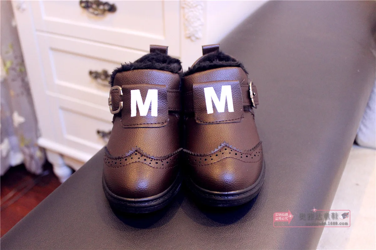 

New Style BOY'S Cotton-padded Shoes Korean-style Velcro Varved plus Velvet Martin Boots Children Winter Cotton PU Leather Shoes