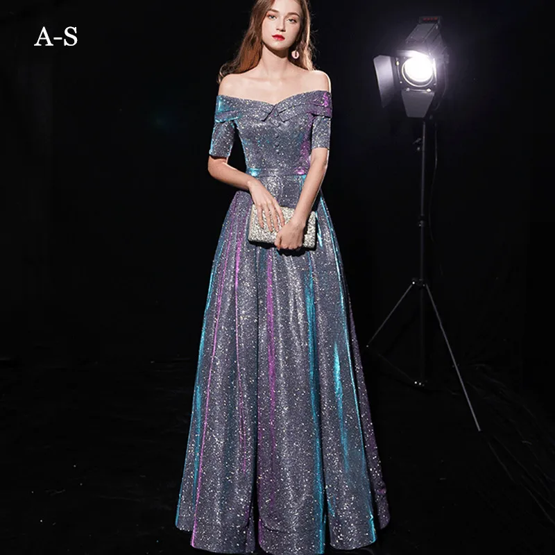 

Sliver Gray Shine Elegant Sequined Long Dress Women Off Shoulder Evening Party Club Maxi Summer Dresses Sexy Long Dress