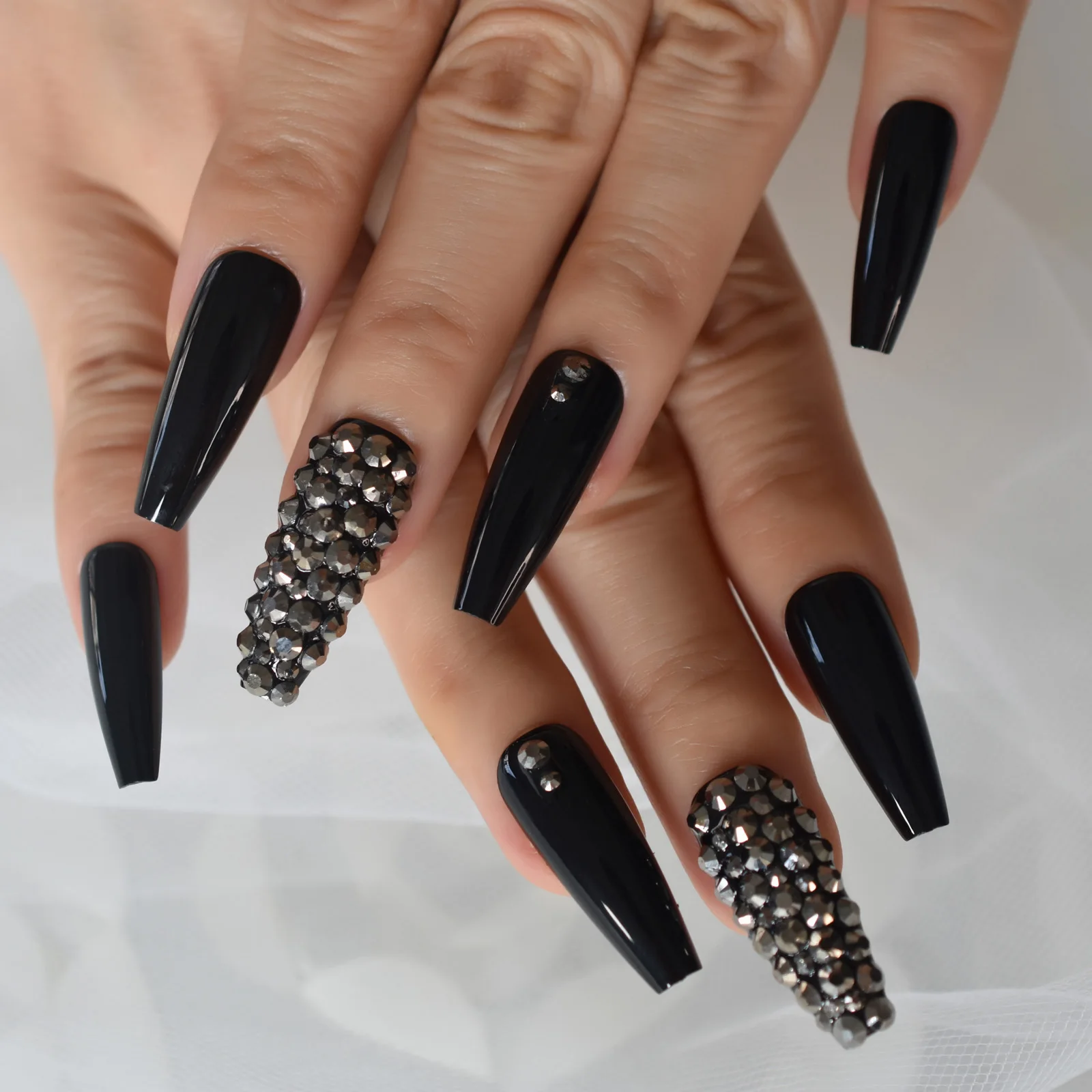 Uñas postizas de piedra metálica para mujer, uñas postizas de color gris  con pedrería decorativa Extra larga, bailarina negra, puntas diseñadas para  mujer - AliExpress Belleza y salud