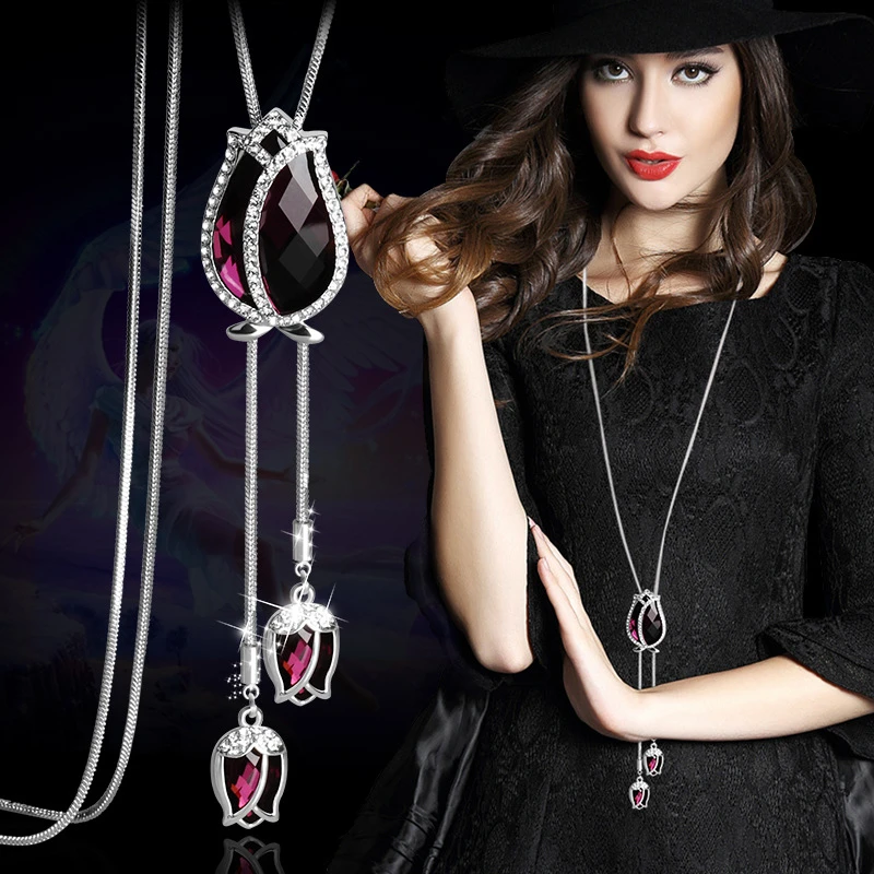 Collar largo de de tulipán de cristal clásico, accesorios de vestido de cadena de suéter de moda Simple|Collares colgantes| - AliExpress