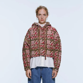 

2019 Fashion ZA Women Knitted Sweatshirt Contrast Stitching Plaid Hooded Pullover Red Exquisite Pearl Long Sleeve Autumn Winter