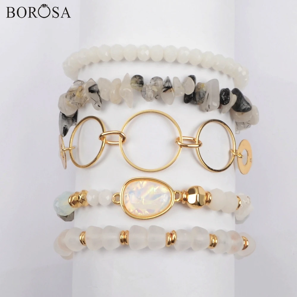 BOROSA 5Sets(5Pcs/set Bracelets) Multi-kind Jades Gems Manmade Opal Crystal Glass Faceted Bead Bracelet Sets Jewelry WX1187