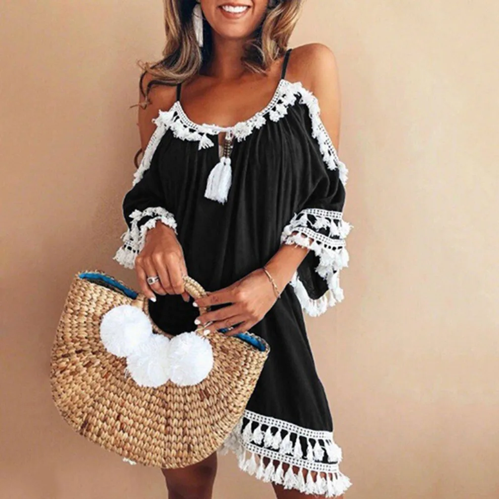 bikini cover 2021 Beach Dress Women Off Shoulder Dress Tassel Short Cocktail Party Beach Dresses Sundress Sexy Vestidos Playa Robe De Plage womens bathing suit cover up