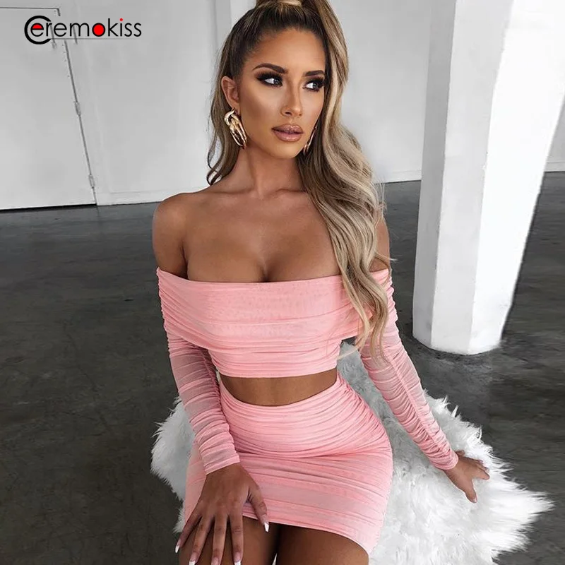 

Ceremokiss Summer Mesh Sexy Women Two Piece Set Pink Slash Neck Ruched Backless Bodycon 2 Piece Set Club Party Women Set