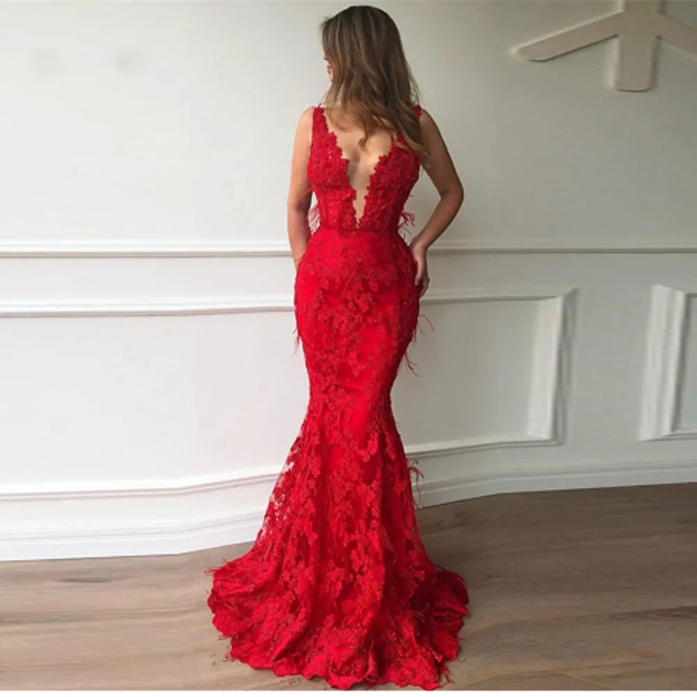 Evening Dresses Mermaid 2020 For Women With Long Sleeve Red Lace Prom Party Night Gowns Plus Size | Свадьбы и торжества