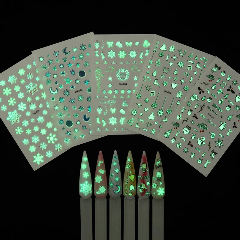 1 лист Рождество наклейки для ногтей смешанные узоры Светящиеся в темноте светящиеся 3D цветы для ногтей DIY Красота дизайн переводная наклейка