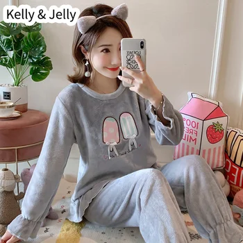 

New autumn and winter women's pajamas thickened warm and lovely cartoon popsicle Flannel Suit student long sleeve home clothes