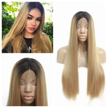 

Straight Ombre Blonde Synthetic Lace Front Wig Ash Blonde Middle Part Cosplay Party Wig Glueless Front Lace Wigs for Women