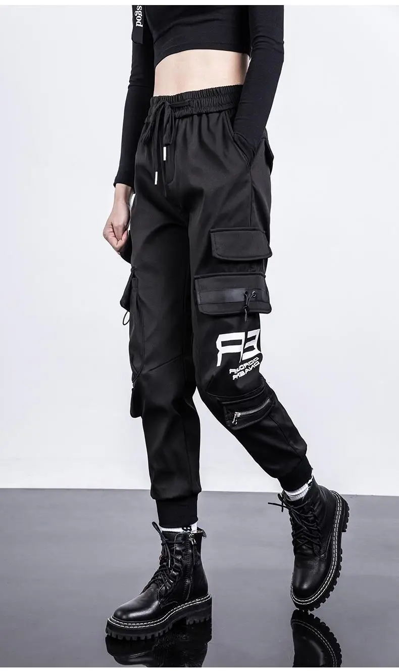 capri shorts Big Pockets Cargo Pants Women Elastic High Waist Loose Streetwear Pant Baggy Tactical Trouser Hip Hop High Quality Joggers Pants black cargo pants