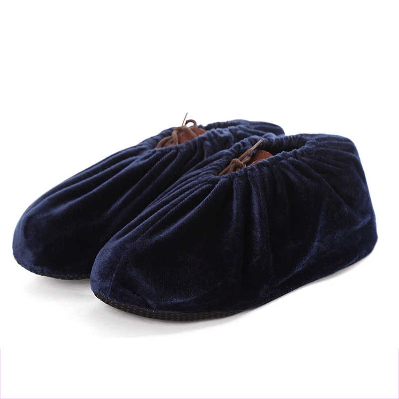 navy blue 1 пара, фланелевая обувь для мужчин и женщин, чехлы для дома, многоразовые, толстые, Нескользящие, закрывающие ноги, пылевые бахилы, аксессуары для обуви - Цвет: navy blue