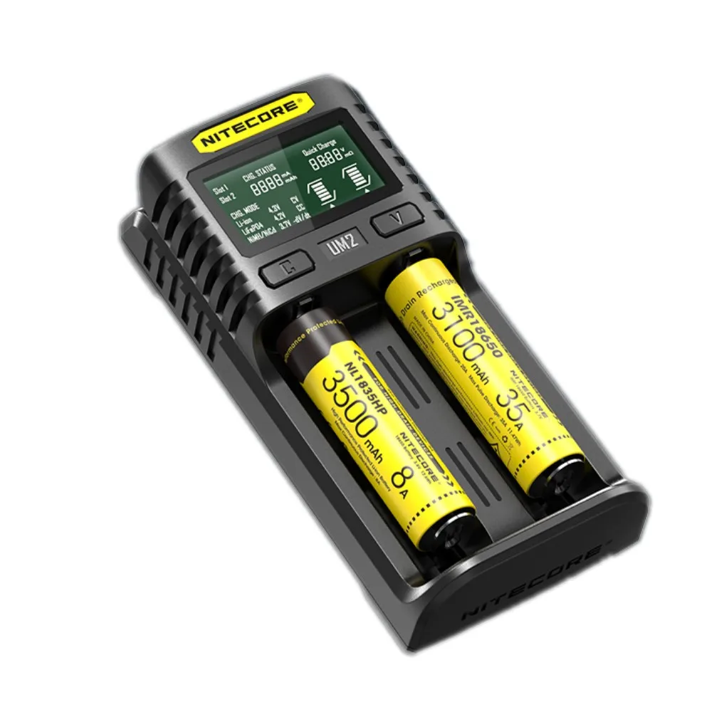 NITECORE UM2 UM4 автоматическое универсальное быстрое зарядное устройство интеллектуальное USB Двухслотовое зарядное устройство ЖК-дисплей литий-ионный IMR аккумулятор 18650 21700