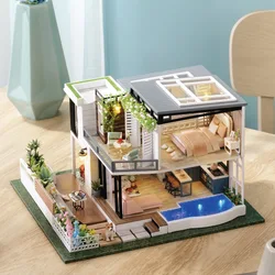 Kit de maison de poupée Miniature avec meubles, grande villa à assembler, Mini construction, jouets en bois, cadeaux d'anniversaire, bricolage 