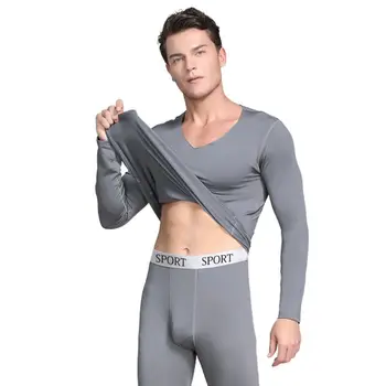

Mens Winter Thermal Underwear Faux Fleece Lined Seamless V-Neck Tops Long Johns 24BC