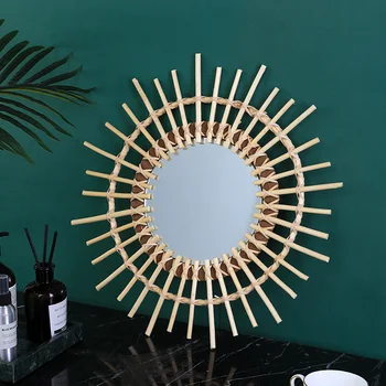 

Rattan Dressing Mirror Round Wicker Sunflower Space Saving Innovative Art Decor Living Wall Hanging Bathroom Room Home Mirror
