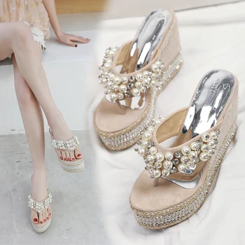 

2020 Summer Women Crystal 10.5cm High Heels 4cm Platform Wedges Sandals Flip Flop Slides Fetish Pearl Slippers Beach Dress Shoes