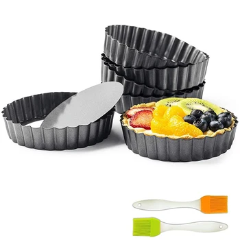 

Egg Pie Pan 4 Inches, Live Bottom Mini Quiche Pizza Cake Pan, Non-Stick Round Slotted Flan 6PCS and Silicone Brush