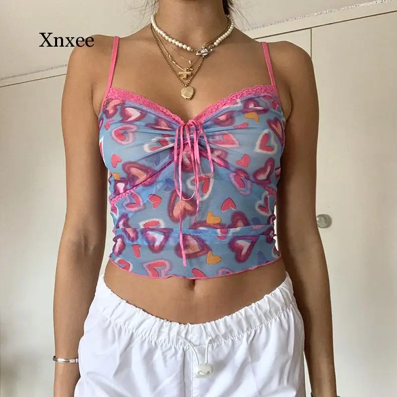 

Heart Printed Sleeveless Tank Tops Tees Women Y2K Cute Cropped Mini Vest Summer Mesh See Through Backless Cami 2021 Clothing