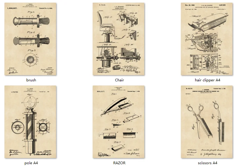 6 в 1 винтажные запатентованные плакаты Художественная печать парикмахерское кресло полюс ножницы бритва машинка для стрижки волос щетка без рамы - Цвет: Euro old paper color