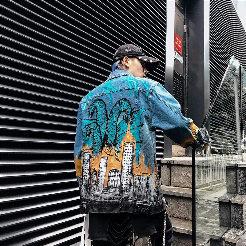 Винтажная джинсовая куртка для мужчин, рваные джинсовые куртки в стиле хип-хоп, уличная мода, креативные джинсовые пальто с принтом граффити WG498
