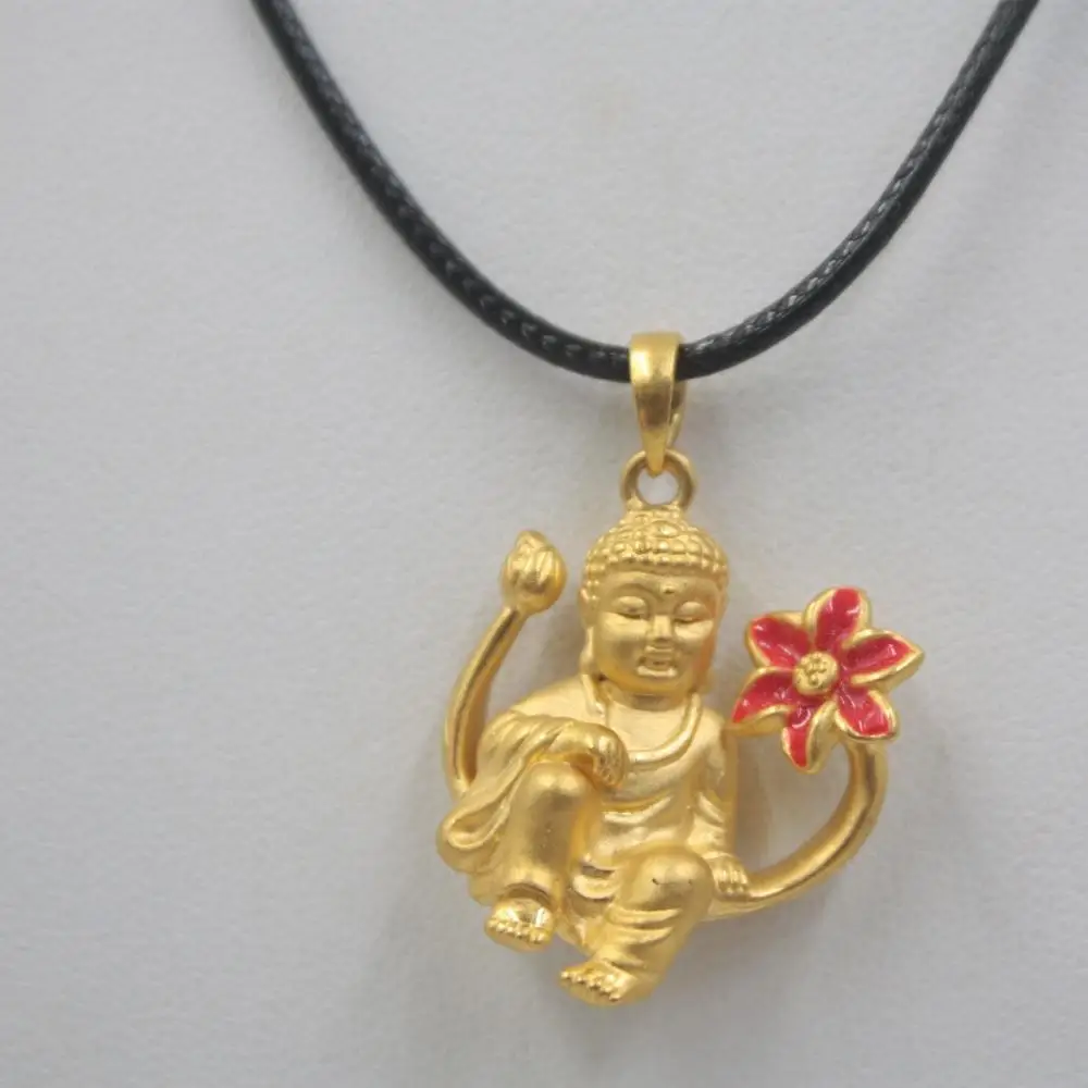 

Solid 24K Yellow Gold Pendant 3D Craft Luck Enamel Flower Buddha Pendant Weight 2.5-3g Size 31x22mm Stamp: 999