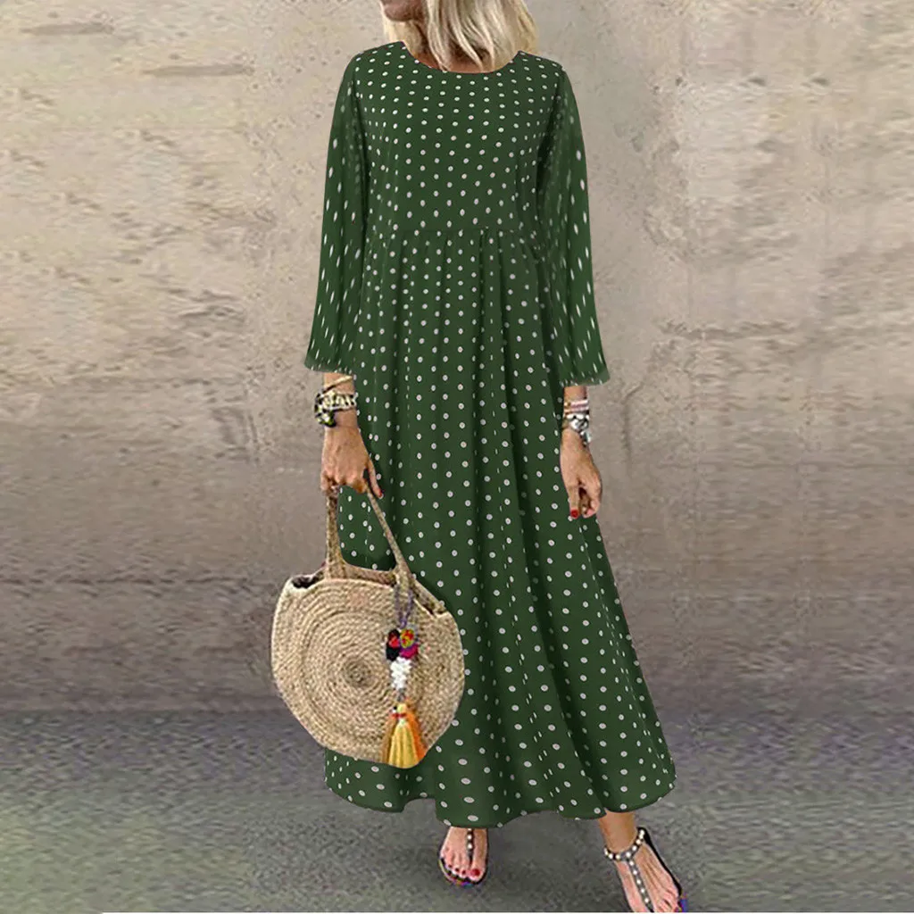 

Plus Size Dress Autumn Women O-Neck Long Sleeve Dot Peinted Casual Loose Maxi dresses woman party night vestidos de festa NEW
