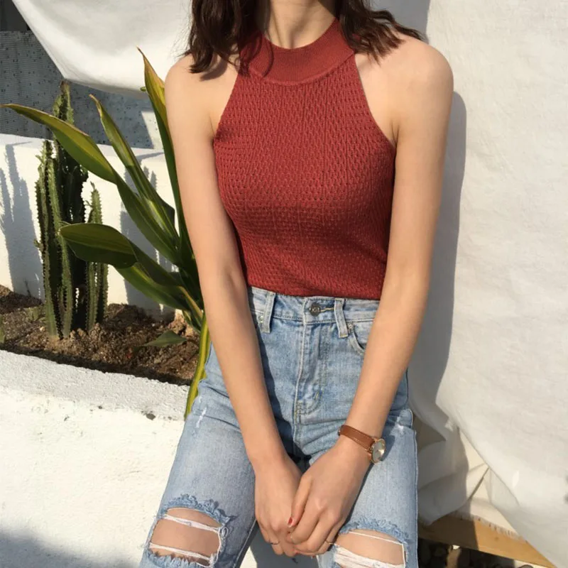 

2019 Women Spring Summer New Slim Rack Neck Knit Elastic Vest Off Shoulder Sexy Tops Womens Clothing Streetwear