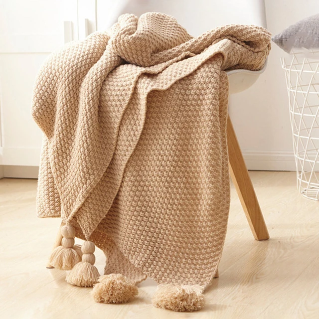Manta de lana de bola de punto con borlas para sofá, mantas súper cálidas y  acogedoras