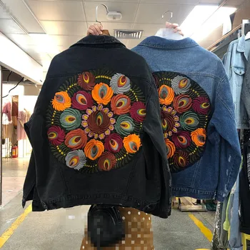 

Boho Inspired Oversized multi floral Embroidered Denim Jacket long sleeve casual chic jacket coat women 2019 new winter coat