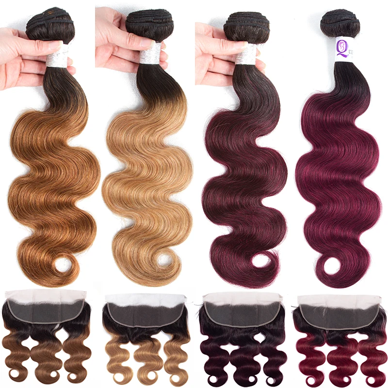 

1b 99J Burgundy Brazilian Body Wave Bundles With Frontal Ombre Blonde Bundles With Frontal Remy Human Hair Bundles With Frontal