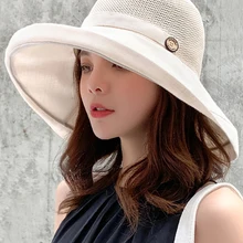 Women Summer Foldable Anti-UV Beach hat Solid Color Net Mesh Large Wide Brim Sun Hat Lady's Cloth Sunscreen Cap 2019 Female Cap