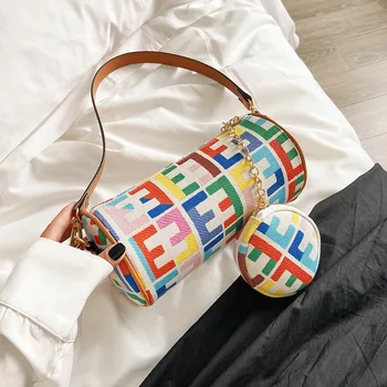 

The New Middle Ancient Baguette Boston Crossbody Bag for Women Fashion Casual Retro Printing Cylinder Pillow Bag Grand Sac Femme