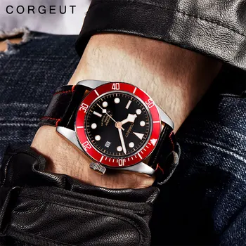 

Corgeut 41mm Automatic Mechanical Watch Men Military Black Dial Leather Strap Luminous Waterproof Sport Diver Male Wristwatch