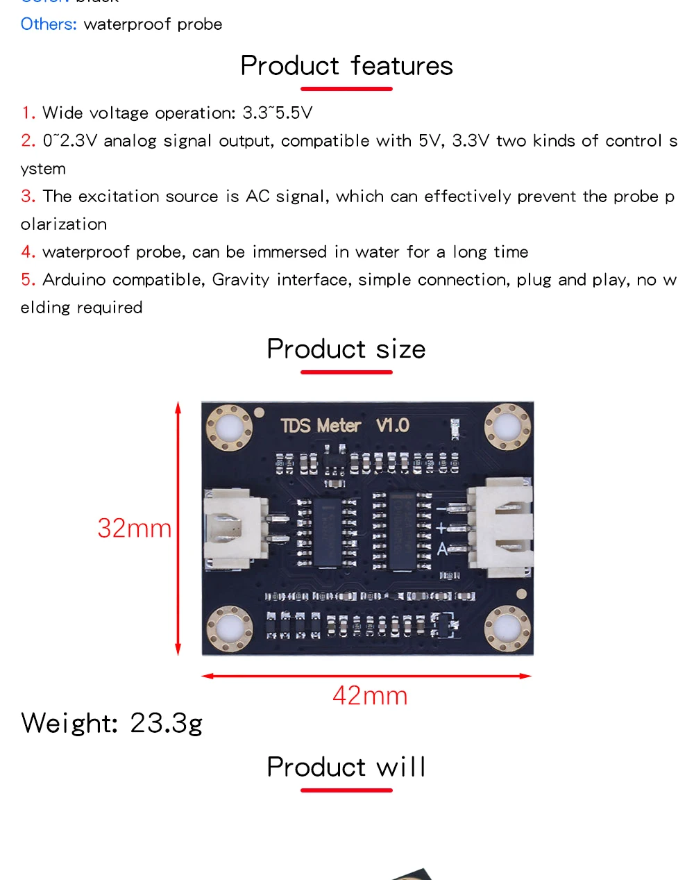 Water Conductivity Analog TDS Sensor Module Tester Liquid Detection Water Quality Monitoring Meter for Arduino 3.3-5.5V