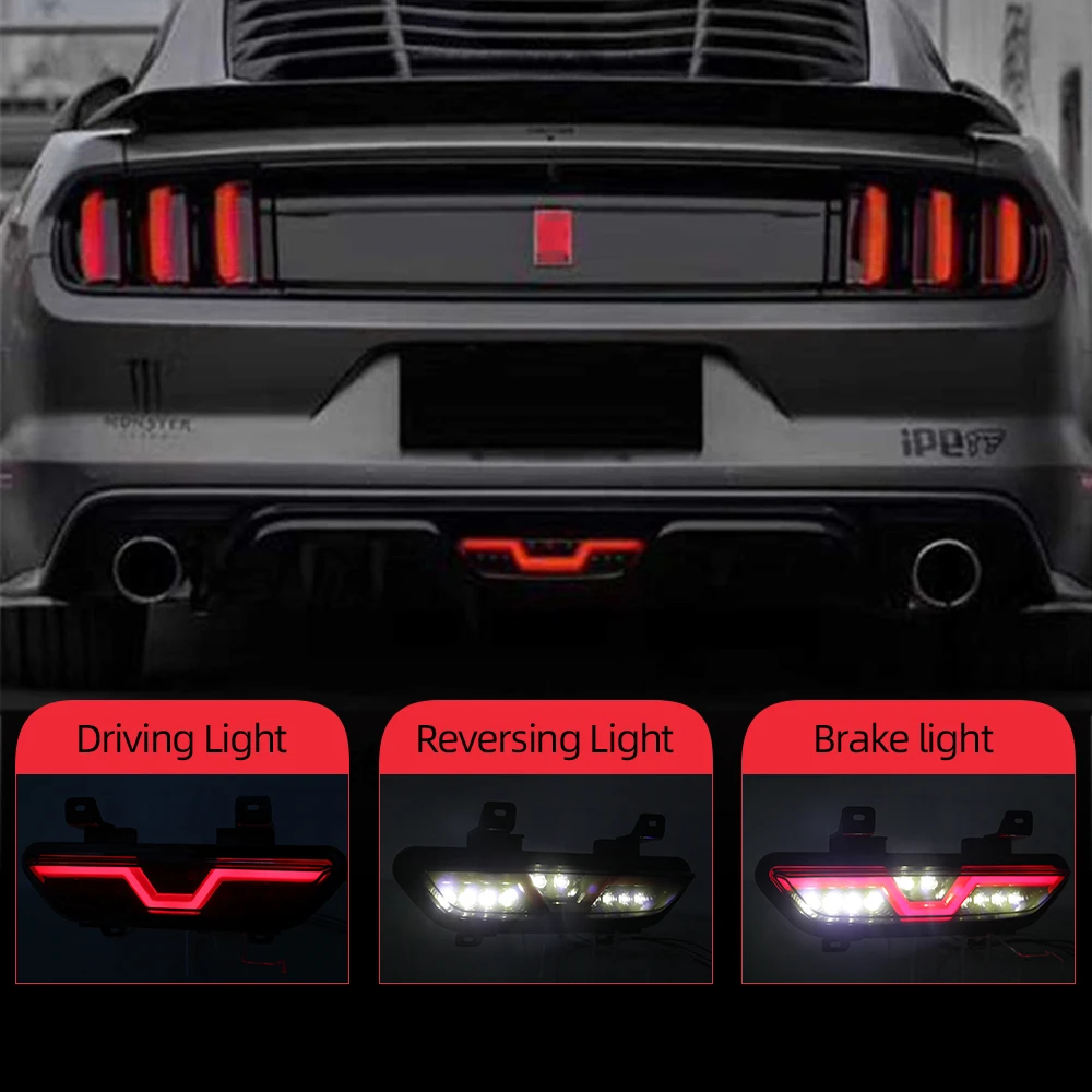 ATROVI Smoked LED Rear Bumper Reflector Lights For 2015-2017 Ford Mustang - 3-in-1 Brake/Turn/Running Light - View #2