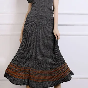 

Women Skirt 2019 Autumn /Winter Contrast Knit Long midi Skirt