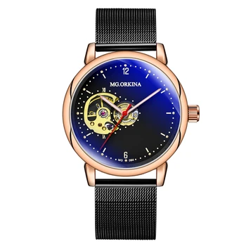 

Fashion MG.Orkina Men's Wrisitwatches Auto Self-wind Skeleton Mechanical Watch Gift Box Mesh Band