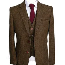 Мужская шерстяная твидовая Куртка 1 шт. Формальные лацканы Нотч елочка смокинги Блейзер Slim Fit Зимнее пальто, кофе, на заказ