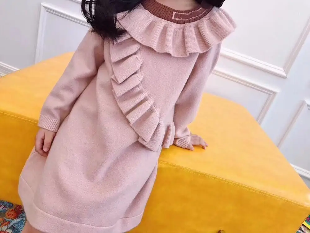 

High-end Customized Princess Girls Pink Ruffle Knitted sweaters dress Cute Letters Dress