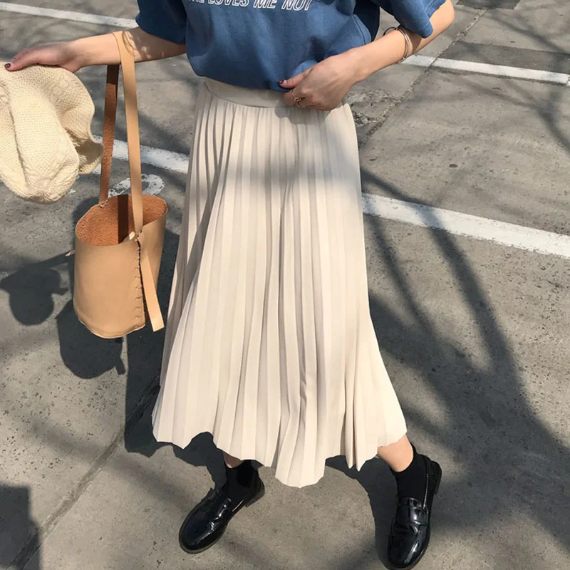 

Qiukichonson New Summer Mid Long Women Skirts 2021 High Waisted Girl's Pleated Skirt Korean Fashion Ladies Full Skirts for Women