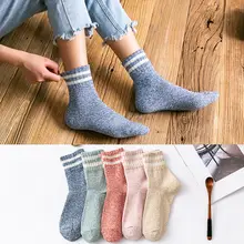 5 пар, женские зимние вязаные носки из искусственной шерсти, двойные полосатые носки средней длины