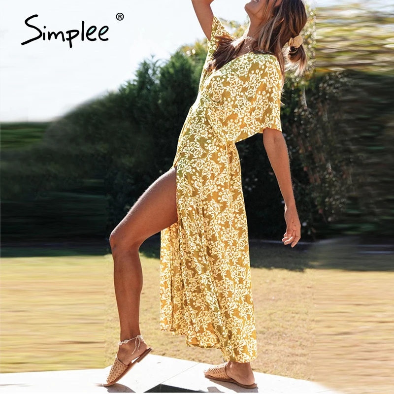 Simplee Sexy v-neck summer dress Women floral print short sleeve party beach dress Boho casual holiday loose cotton maxi dress