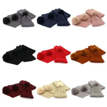 

2Pcs/Set Adult Children Winter Knit Faux Wool Fluffy Pompom Hat Long Scarf Set